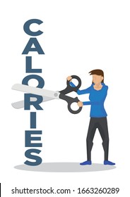 Girl Using A Giant Scissor To Cut A Calories Block. Concept Of Weight Loss, Trimming, Healthy Lifestyle Or Fitness. Vector Illustration.