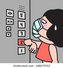 Girl Using Her Elbow To Push Lift Buttons. Tips To Protect Ownself From The Surface Most Germs Spread By Contact Concept Card Character illustration