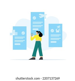 A girl using her smartphone to see travel booking apps to prepare her holiday plan. Buying airplane ticket and hotel via online mobile apps. Flat vector illustration