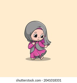 girl using hijab and long dress violet color Vector Icon Illustration. people Icon Concept Isolated. Flat Cartoon Style Suitable for Web Landing Page, Banner, Flyer, Sticker, Card