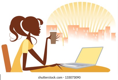 Girl using Internet with Coffee Woman checking out the internet over a morning coffee ,possibly in internet cafe, with laptop, and city skyline in background.