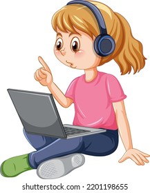 A girl using laptop cartoon illustration