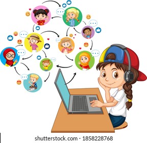 Una chica que usa una laptop para comunicar videoconferencia con amigos en ilustración de fondo blanco