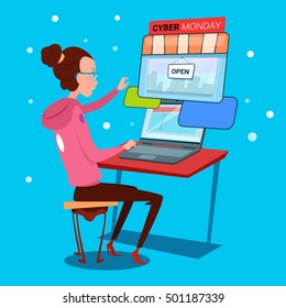 Girl Using Laptop Computer Cyber Monday Big Sale Shopping Flat Vector Illustration