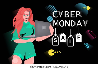 girl using laptop cyber monday online sale poster advertising flyer holiday shopping promotion 8-bit pixel art style banner horizontal vector illustration