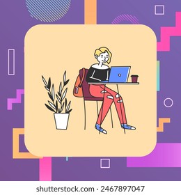 Girl using laptop and drinking coffee in coffee shop. Freelancer working in cafe vector illustration. Freelance, free Wi-Fi, cafe concept for banner, website design or landing web page