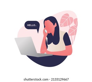 Girl using laptop flat design illustration