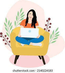 girl using laptop flat illustration vector