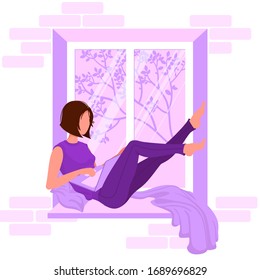 Girl using laptop in front of the window. Working online  freelance business work at home. Chat, dating, education and search for information on the network. Remote Job. Vector Flat Illustration.
