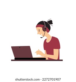 Girl using laptop for her business, for study online  or communicate with her friends. Work, education, freelance concept. Cartoon young woman, vector illustration, isolated on white. Flat design