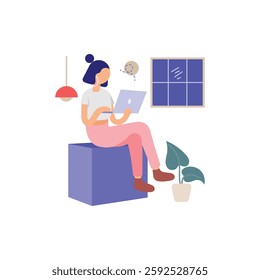 Girl Using Laptop at Home Vector Illustration