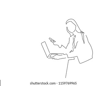Girl using a laptop and a smartphone line drawing, vector illustration design. People collection.