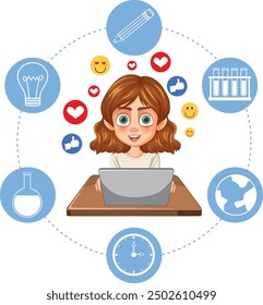 Girl using laptop surrounded by educational icons