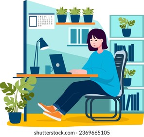 Girl using laptop while seated in chair. or a concept for research. cute flat-style artwork.