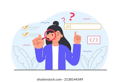 Girl using magnifying glass. Woman explores website, seo specialist. Modern ways to promote page on Internet. Poster or banner. Freelancer and programmer coding. Cartoon flat vector illustration