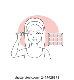 Mädchen mit Make-up-Pinsel, um Lidschatten auf die obere Lidlinie-Symbol-Vektorillustration aufzutragen