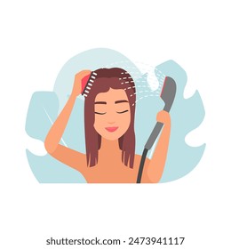 Girl using massage accessory to comb hair under running water vector illustration