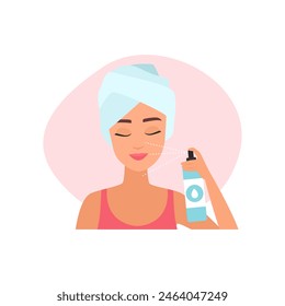 Girl using mineral thermal water spray on face skin after cosmetic procedures vector illustration