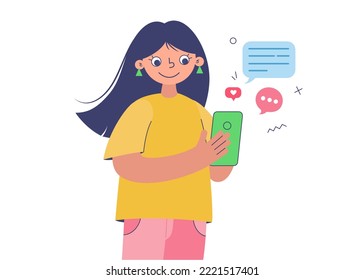 Girl using mobile phone, texting, messaging or chatting with friends online, looking at smart phone