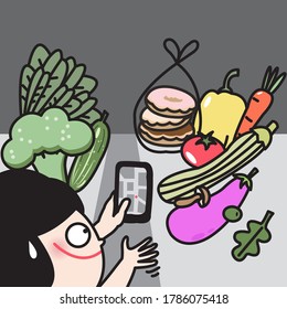 Girl Using Mobile Phone To Trace And Find Location Of Donut Concept Card Character illustration.