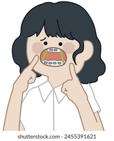 a girl using Orthodontic rubber bands, open mouth -flat illustration 