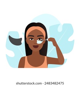 Girl using patch application to protect facial skin when applying mascara vector illustration