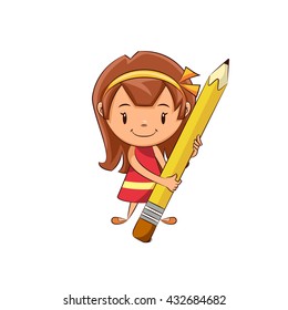 Girl using pencil eraser, vector illustration