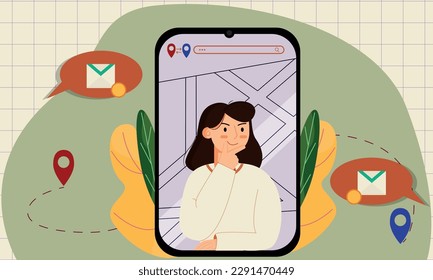 Niña usando el teléfono con mapa de navegación.