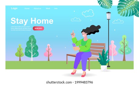 Girl using phone in park. Young women enjoying a high-tech lifestyle on fine days. Stay home banner template. chatting gadget. Mobile internet addiction. Trendy flat vector illustration