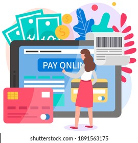 Girl is using program for online remote payment of purchases with phone or card on the tablet. Woman presses button pay online on the screen. Online platform landing page template vector illustration