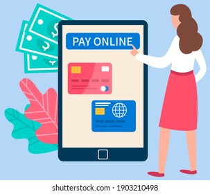 Girl using program for online remote payment of purchases on a phone screen via the Internet. Businesswoman presses button pay online by credit card. Platform landing page template vector illustration