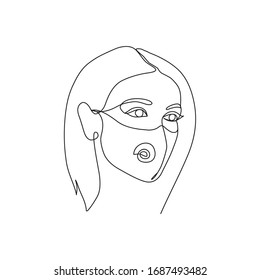 Girl using Safety breathing masks Corona Virus. One line drawing art