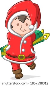 The girl using the Santa Claus costume and holding the long green gift with the