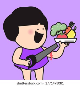 Girl Using A Saw Cutting Off Her Arm That Holding Plate Of Veggies Concept Card Character illustration