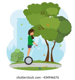 Girl using segway and smiling. Girl in a city park rides a Segway. vector. young girl controls Segway in a city park.