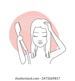 Girl using showerhead to wash hair, female character taking shower vector illustration
