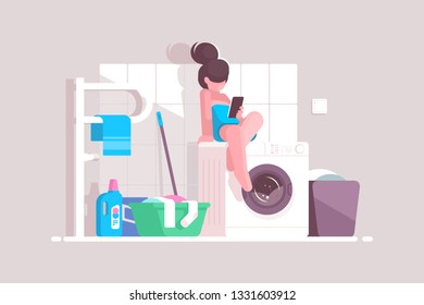 Girl using smartphone in bathroom vector illustration. Cartoon young woman sitting on washing machine and surfing internet with mobile phone. Lavatory room interior