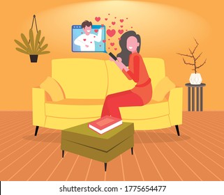 girl using smartphone chatting with boyfriend in online dating app social relationship communication concept living room interior full length horizontal vector illustration