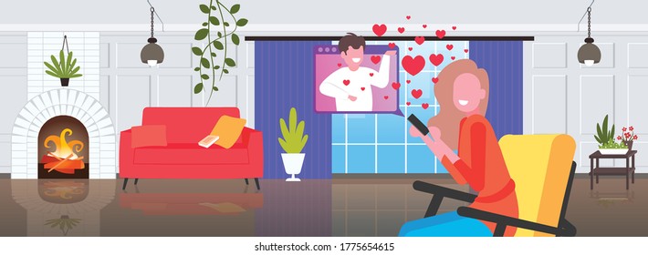 girl using smartphone chatting with boyfriend in online dating app social relationship communication concept living room interior portrait horizontal vector illustration