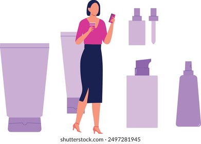 Girl using a smartphone and checking beauty products online.