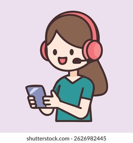 girl using smartphone and headset for video call, online class, playing game