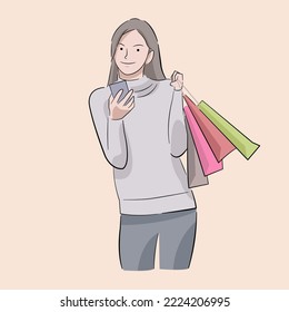 girl using smartphone and holding shopping bag standing pose after shopping