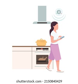 Girl using smartphone at kitchen semi flat color vector character. Posing figure. Smart home device. Full body person on white. Simple cartoon style illustration for web graphic design and animation