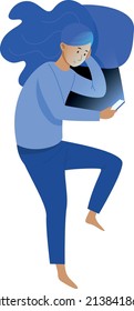 Mädchen, die nachts Smartphone benutzen. Digitale Sucht einzeln auf weißem Hintergrund
