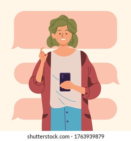 Girl using a smartphone. A smiling girl holding a phone to texting, read online news, chatting, play games, social media, usability. Person using gadget. Flat style vector illustration.