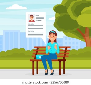 Girl using smartphone while sitting on bench in city park outdoors. Happy young woman having romantic date online cartoon vector