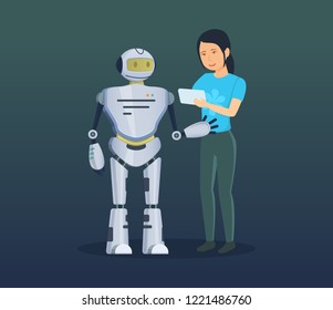 Girl, using software commands on device, controls the electronic mechanical robot, bot, smart machine humanoid with an artificial intelligence system. Technology of future. Vector illustration.