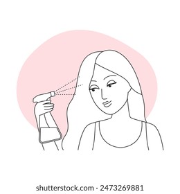 Girl using spray bottle to protect hair with thermal protection vector illustration