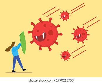 Girl, using swords, shields fight corona virus, flu and bacteria. protect health from germs using masks & gloves. Epidemic covid disease prevention flat vector illustration