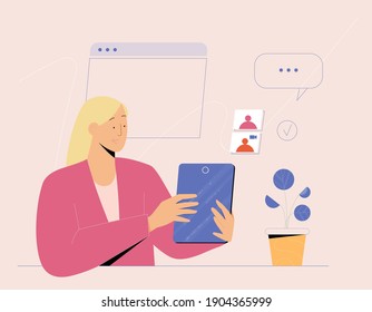 Girl using tablet to do a video call. Vector illustratiion, concept about digital, remote communication and work